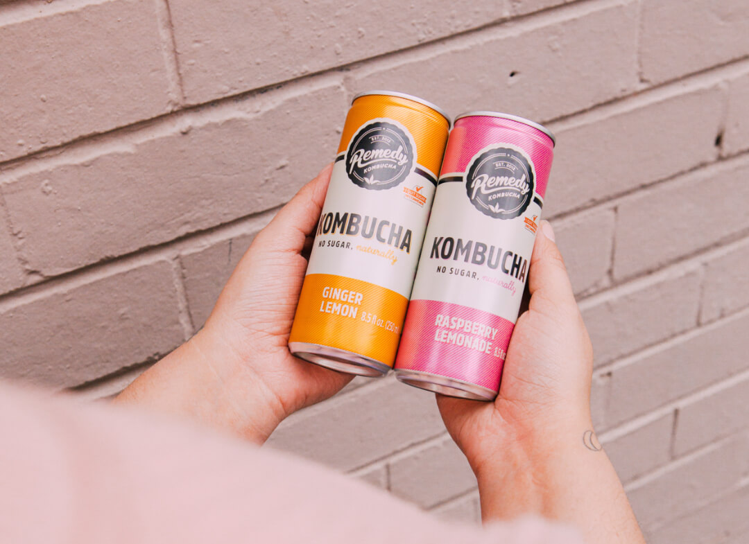 Ginger Lemon and Raspberry Lemonade Remedy Kombucha cans