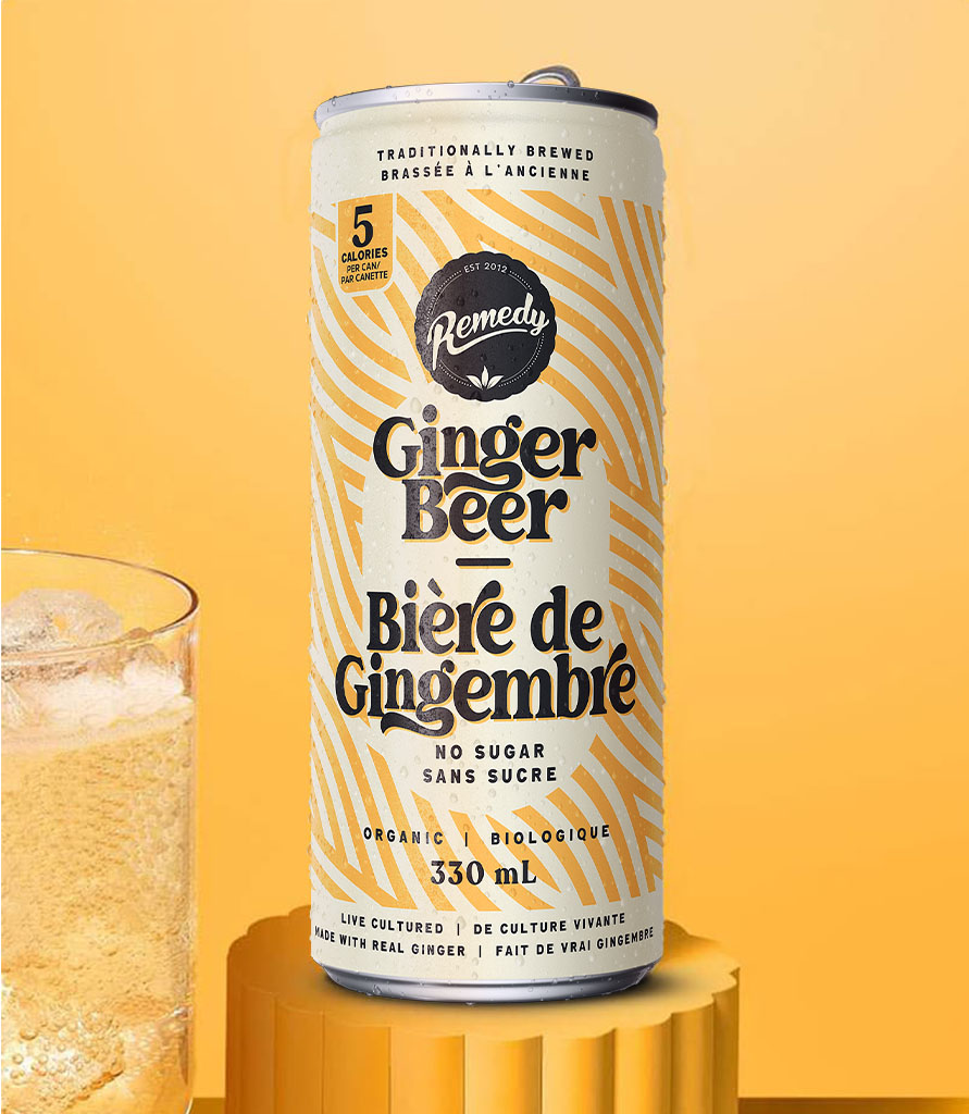 Remedy Ginger Beer can with glass 