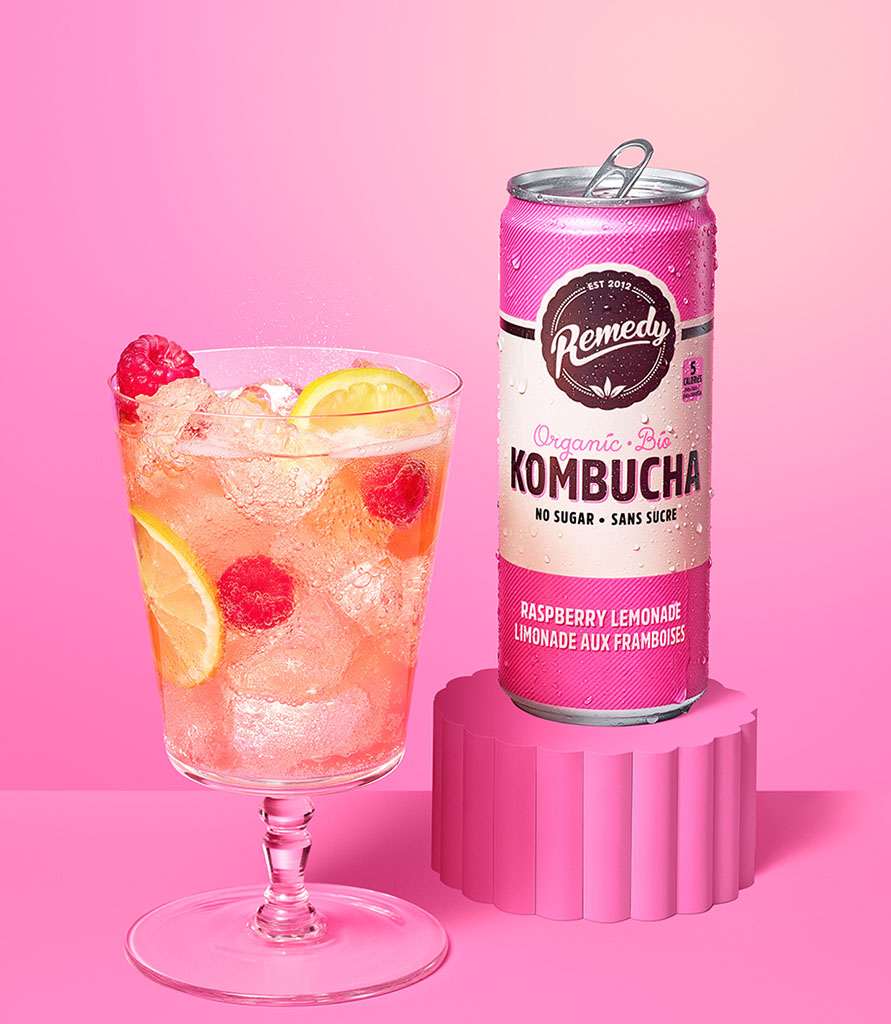 Remedy Kombucha Raspberry Lemonade can with glass