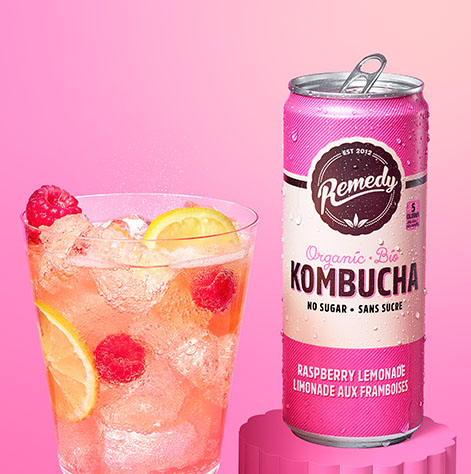 Remedy Kombucha Raspberry Lemonade with Glass